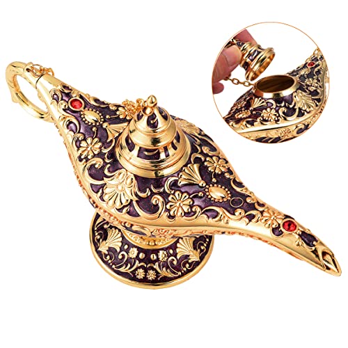 K COOL Classic Aladdin Magic Genie Lamp Legend Wishing Light Costume Lamp Metal Carved Cone Incense Burner for Home Tabletop Decoration Party Birthday Halloween Christmas(Dark Purple)