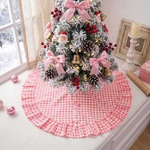 Pink Gingham Christmas Tree Skirt 24 Inch with Ruffle - Farmhouse Holiday Decor