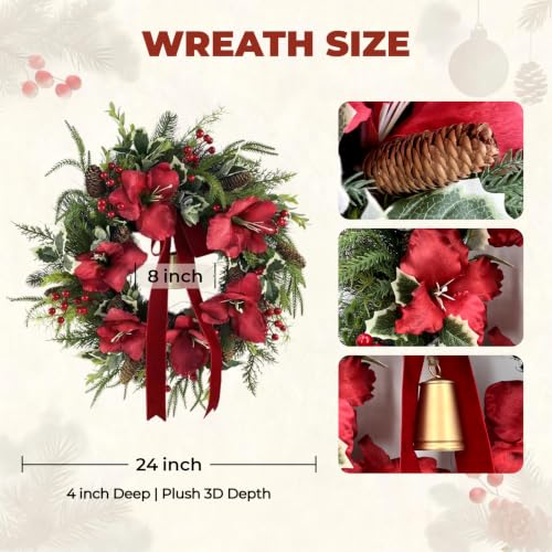 Outdoor Christmas Amaryllis Wreath with Gold Bell - 24 Inch Front Door Decor