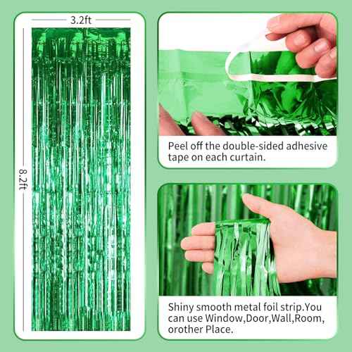 Green Curtains for Party, 3 Pack 3.2ft x 8.2ft Green Streamers, Birthday & Football Party Decorations, Jungle Theme, Photo Booth Props