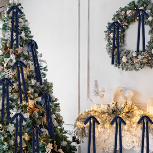 Glitinsel 24 Pcs Navy Blue Velvet Christmas Tree Bows 9x13" Holiday Decor