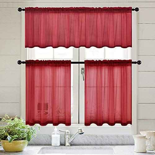 MIULEE Solid Burgundy Kitchen Sheer Valance for Christmas Linen Look Window Curtain, Living Room Windows Voile Valance Rod Pocket 1 Panels (60" W x 18" L), Burgundy Red