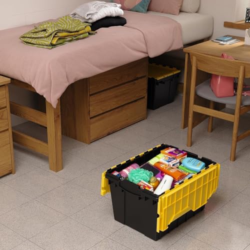 12-Gallon Stackable Plastic Storage Tote with Hinged Lid - Black and Yellow, 1 Pack