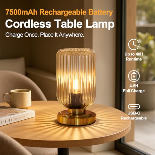 LightRound Cordless Dimmable Table Lamp with Amber Glass Shade & Gold Base - Touch Control, 7500mAh Battery, Modern Bedroom Nightstand Light