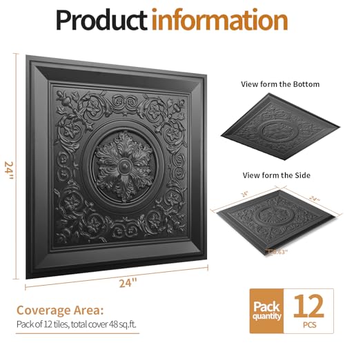 Black Drop Ceiling Tiles 24x24 Inches - Waterproof 3D Wall Art Pack of 24 - Vintage Style
