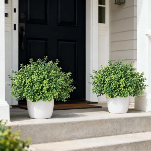 Artificial Boxwood Topiary Trees Set of 2 for Outdoor & Indoor Decor, 17 Inches