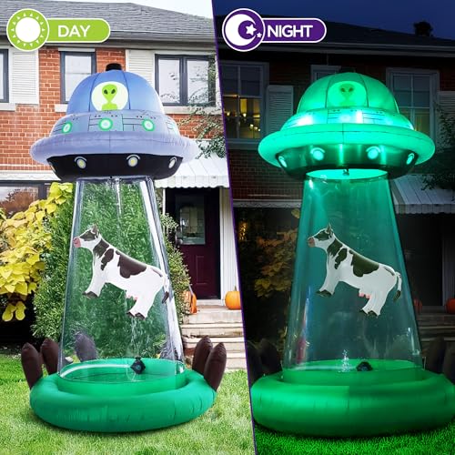 10 FT UFO Abduction Inflatable Halloween Decor with Cow & LED Lights - Outdoor Yard Decoration