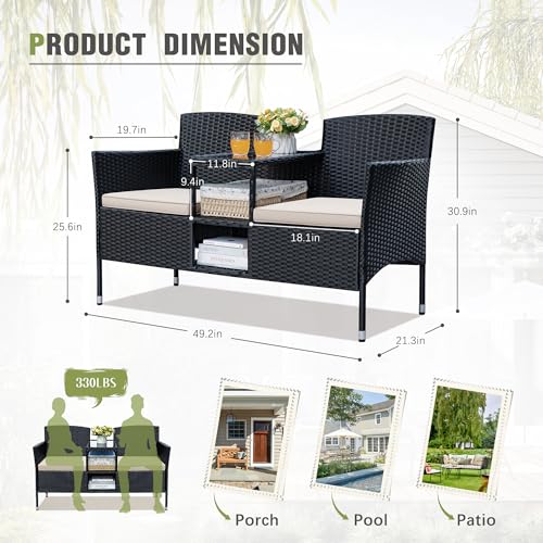 Greesum Beige Outdoor Wicker Loveseat with Built-In Coffee Table & Storage - Patio Furniture