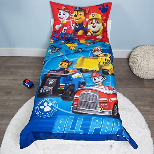 Paw Patrol Calling All Pups Boys 4-Piece Toddler Bedding Set - Comforter Sheet Pillowcase Blue