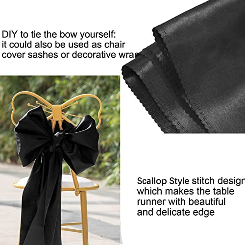 HMQIANG 2-Pack Black Satin Table Runners 12x108 Inches with Scalloped Edges - Halloween Decor