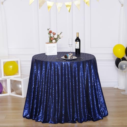 Round Navy Blue Sequin Tablecloth 120-Inch for Parties & Events