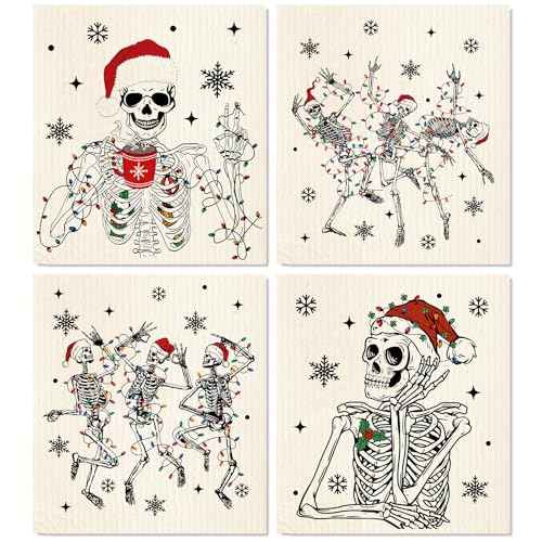 Whaline 4Pcs Christmas Swedish Dishcloth Xmas Dancing Skeleton Cotton Kitchen Towel Absorbent Dish Towel for Winter Holiday Housewarming Farmhouse, 7 x 8 Inch