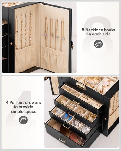 Large Jewelry Box for Women with Lock - 5-Layer Organizer, Black & Gold