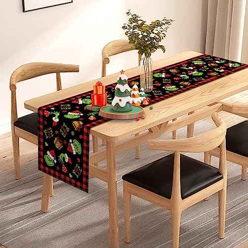 Pudodo Christmas Table Runner Merry Christmas Buffalo Plaid Check Winter Holiday Party Decoration Fireplace Kitchen Dining Home Decor (Black and Red, 13" x 72")