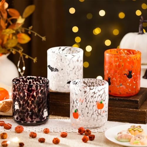 Halloween Icon Glass Cups Set - Ghost Pumpkin Bat Cat - 4 Pcs Variation