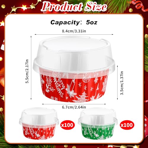 Potchen 200 Pcs Christmas Foil Baking Cups with Lids - 5oz Disposable, Classic Holiday Design