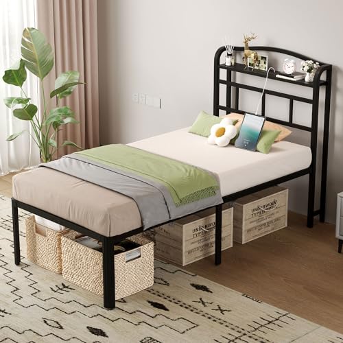 Twin Metal Bed Frame with Headboard & Charging Station - 18 Inch Heavy Duty Platform Bed