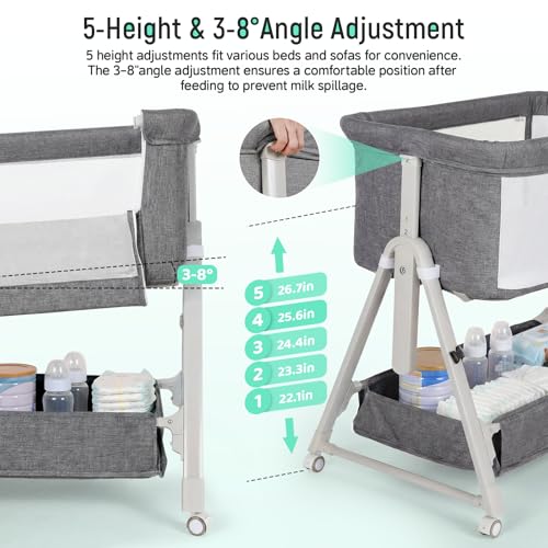 Cowiewie Dark Gray 3-in-1 Baby Bassinet Bedside Sleeper with Wheels & Storage