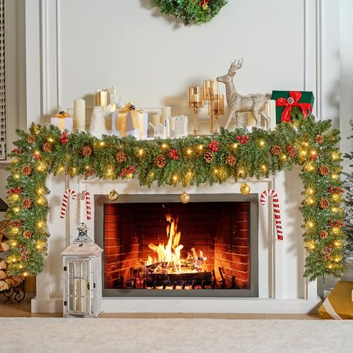 Joiedomi 9 ft Prelit Red Berries Pine Garland with 50 Warm White Lights - Christmas Greenery