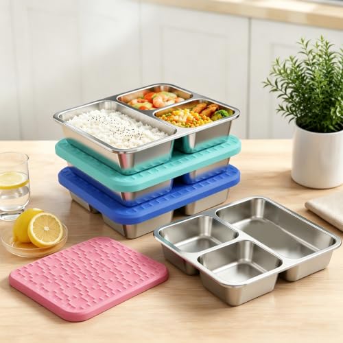 4 Pack Stainless Steel Snack Containers with Silicone Lids - Colorful Set (Blue, Pink, Green, Orange)