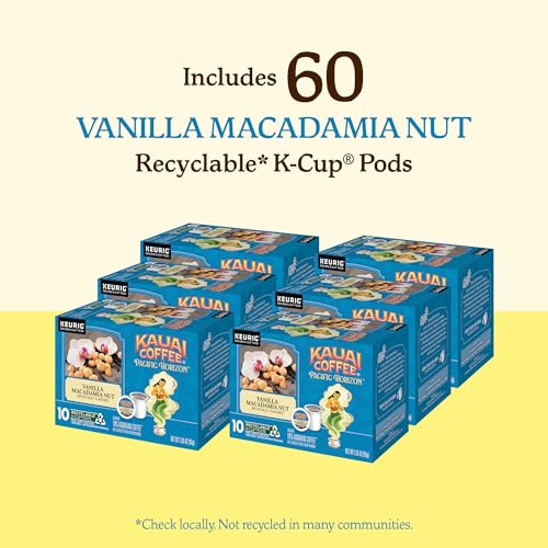Kauai Coffee Vanilla Macadamia Nut K-Cup Pods - 6-Pack of 10, Medium Roast, Recyclable, Hawaiian Flavor