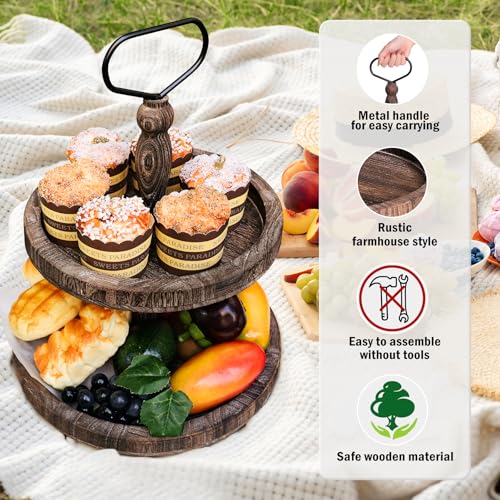 Rustic Wooden 2-Tier Tray Stand - Brown Coffee Farmhouse Kitchen & Home Decor