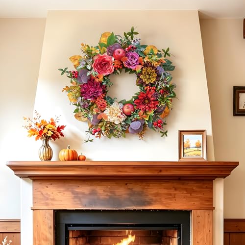 Red Fall Wreath for Front Door 24 Inch Autumn Rustic Thanksgiving Decor