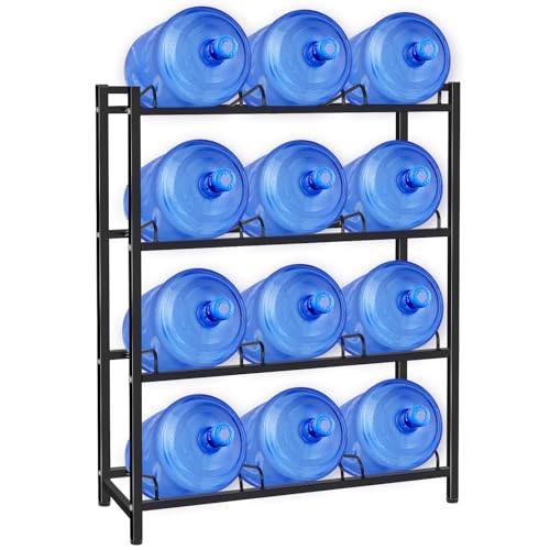 Jolybebe 12-Slot Black Water Bottle Storage Rack for 3-5 Gallon Jugs, Heavy Duty 4-Tier Organizer