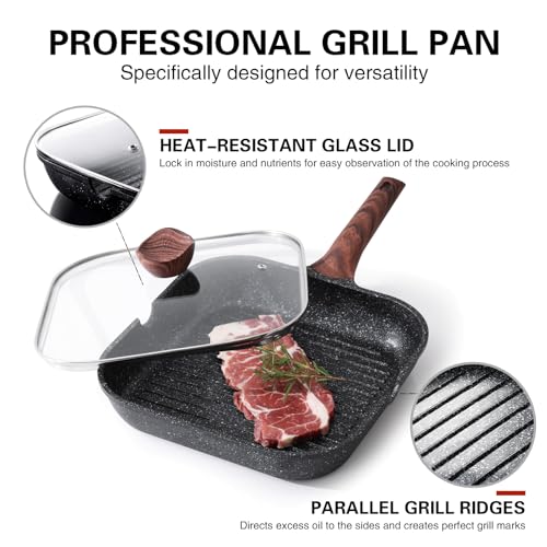 11-Inch Nonstick Grilling Pan with Lid - Black, Square Indoor Grill for Stove Tops