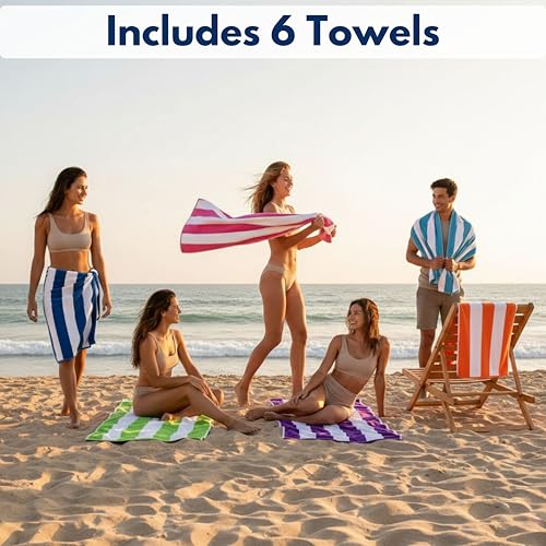 BolBom 6 Pack Large Cotton Beach Towels 30x60in - Vibrant Pool & Bath Set with Quick Dry Fabric - Green, Purple, Turquoise, Orange, Blue, Pink