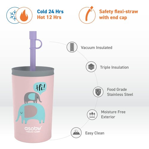 asobu Stainless Steel Kids Tumbler with Flexible Straw Lid | Insulated Water Bottle | Reusable Travel Cup 12 Ounce (Pink)