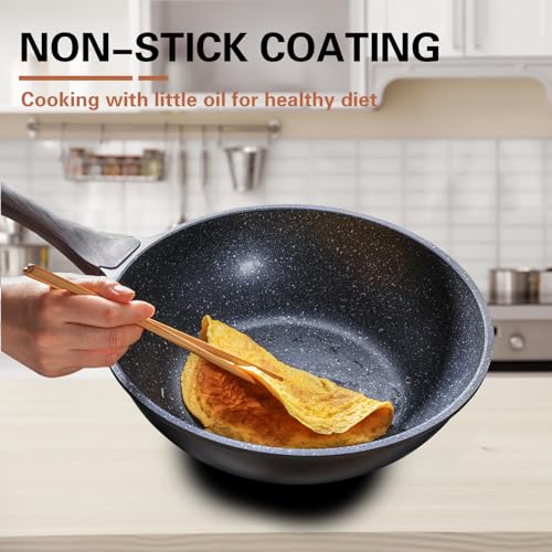 Kordisen 12 Inch Black Nonstick Wok with Lid - Granite Coating & All-Stove Compatible
