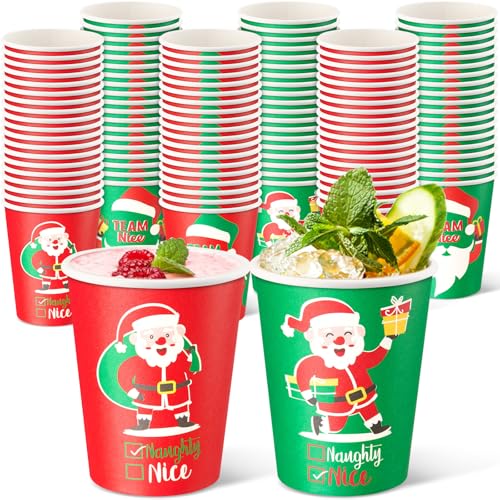 Zhehao 100 Pieces Christmas Paper Cups 9 oz Naughty or Nice Team Design for Hot Beverages