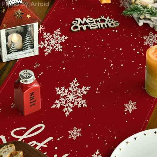 Artoid Mode Red Snowman Let It Snow Winter Table Runner, Seasonal Christmas Kitchen Dining Table Decoration for Home Party Indoor 13x72 Inch