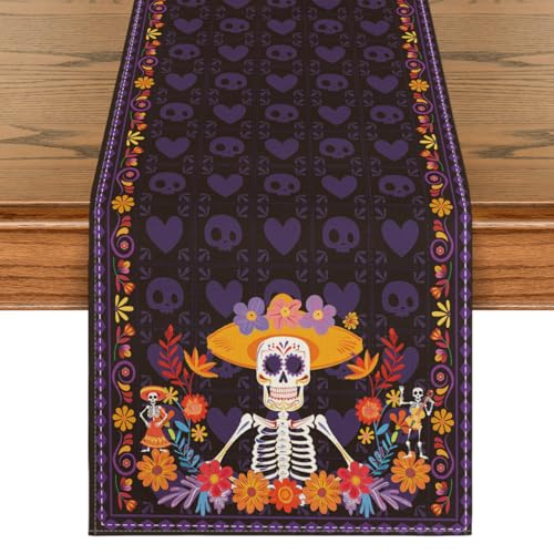 Artoid Mode Daisy Guitar Skull Day of The Dead Table Runner, Dia De Los Muertos Mexican Kitchen Dining Table Decoration for Home Party Decor 13x72 Inch