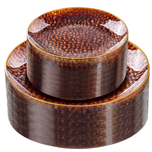 Amber Plastic Plates Set - Clear Gold Rim, Heavy Duty Disposable Party Plates with Hammered Design - Clear Amber Gold Variation