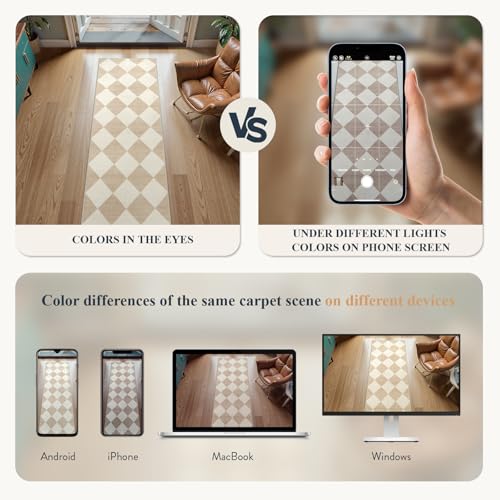 Beeiva 2.5x12 ft Beige Checkered Hallway Runner Rug - Washable Faux Wool, Non-Slip Diamond Pattern Carpet