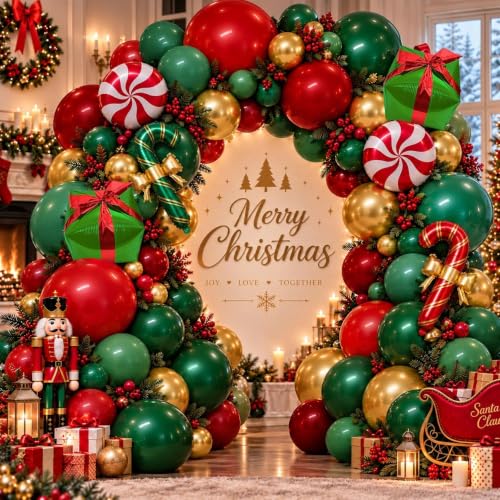 Aurovia Double Stuffed Dark Red, Green, Gold Christmas Balloon Arch Kit with Candy Cane Balloons - Sage Green & Chrome Variations