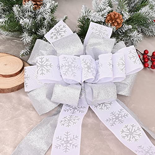 CANGBI Christmas Tree Topper Bow 40in x 13in White Glitter Satin Mesh Ribbon