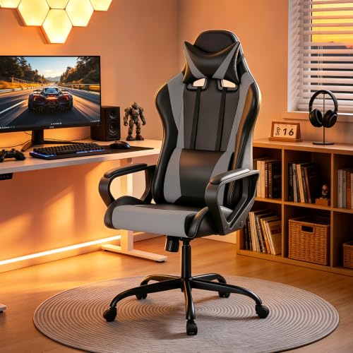 Ergonomic Gaming Chair for Adults - Gray PU Leather, High Back, Rocking, Lumbar Support, Swivel, Easy Assembly - Style1