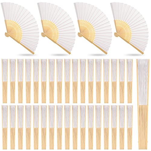Yinkin 100 Pack Folding Hand Fans Bamboo for Party Favors, White