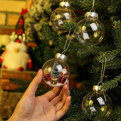 Wettarn 2.36 Inch Clear Fillable Christmas Ornaments Set of 50 with Gold Lid & Rope