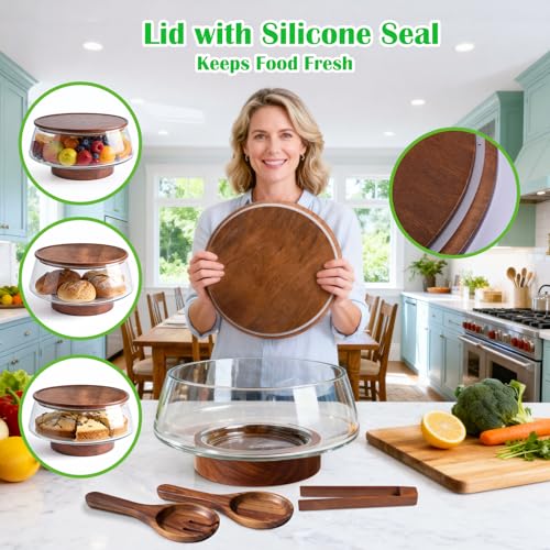 Large Glass Salad Bowl Set with Lid and Wooden Base - 5 Qt, Includes Salad Servers