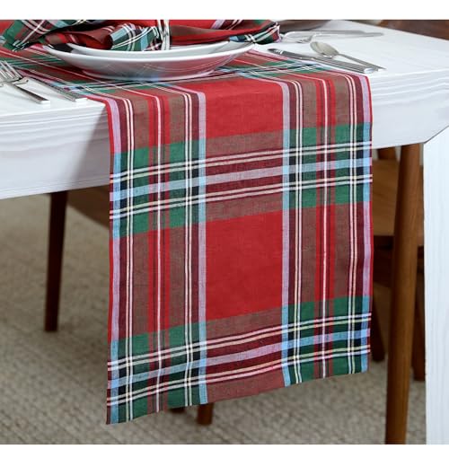 Solino Home 100% Linen Christmas Table Runner 14 x 132 Inches Red Madras Plaid