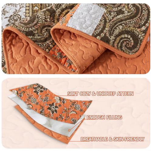 Dreamland Orange 100% Cotton King Quilt Set - Farmhouse Bedspread, 98x106 in