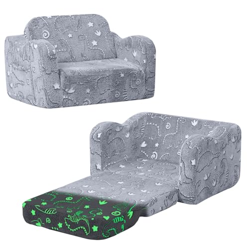 MeMoreCool Gray Glow in the Dark Dinosaur Kids Couch & Bed, Fold-Out Toddler Sofa