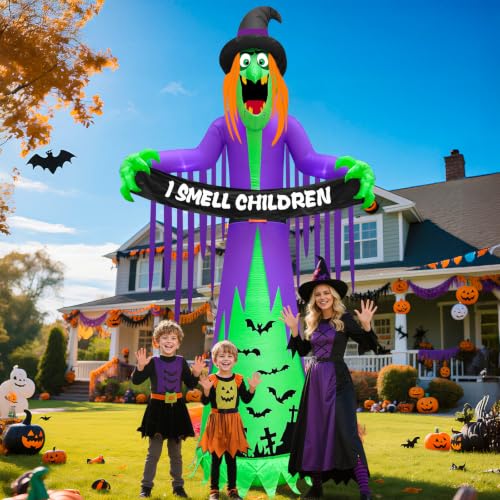 12FT Giant Halloween Inflatable Witch with LED Lights and Banner for Outdoor Decor