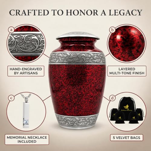 Solace Forever Red Cremation Urn Set of 6 for Adults - Includes Large & Keepsake Urns + Necklace