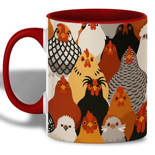 ANOVRA 11oz Funny Chicken Mugs - Ceramic Coffee Cup with Colorful Hen Faces - Farm Animal Gift