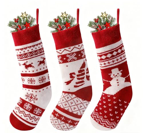 JOYIN White Classic 3-Pack 18-Inch Knit Christmas Stockings Burgundy & White